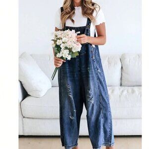 Dark Blue Distressed Wide Leg Adjustable Strap Denim Jean Overalls